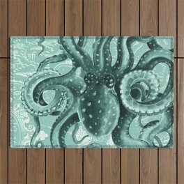 Octopus Green Monochrome Vintage Map Watercolor Nautical Outdoor Rug