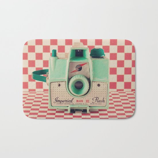 Mint Retro Camera on Red Chequered Background Bath Mat