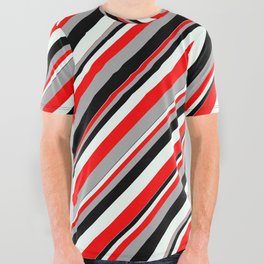 [ Thumbnail: Red, Dark Grey, Black, and Mint Cream Colored Lined Pattern All Over Graphic Tee ]