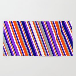 [ Thumbnail: Eyecatching Blue, Dark Grey, Red, White, and Purple Colored Stripes/Lines Pattern Beach Towel ]