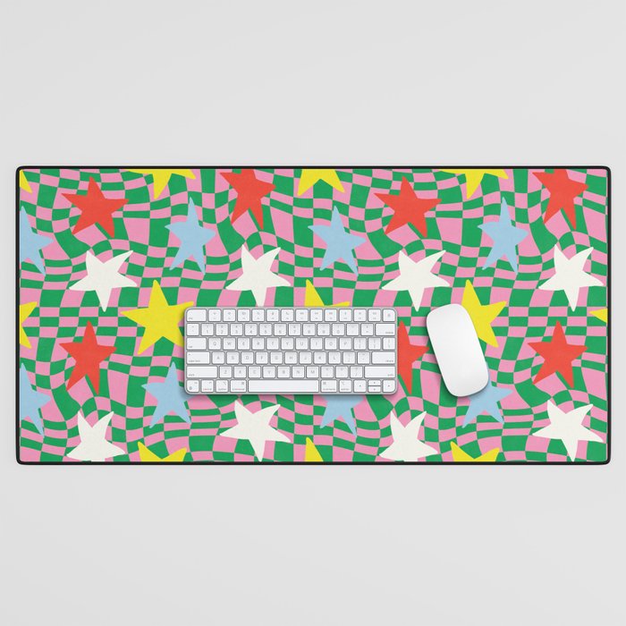 Colorful Stars on Warped Checkerboard Desk Mat