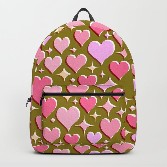 Midcentury Retro Hearts and Stars - Olive Pink Backpack