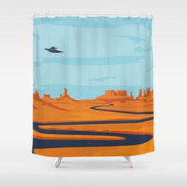  landscape with deserted valley, mountains, dark winding river and flying saucer in the sky. Decorative illustration on the theme of of alien invasion. Western scenery and UFO Shower Curtain