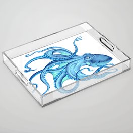 Blue Octopus on White Dance Ink Marine Nautical Acrylic Tray