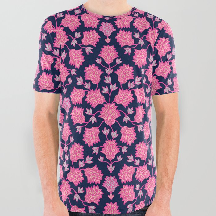 THISTLEDOWN FLORAL in PINK AND DARK BLUE All Over Graphic Tee