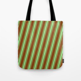 [ Thumbnail: Brown & Light Green Colored Striped/Lined Pattern Tote Bag ]