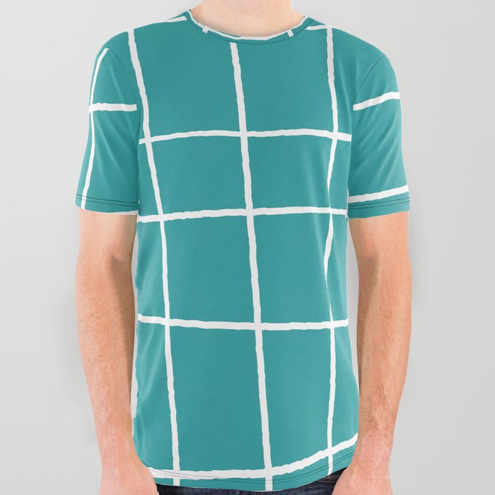 Little White Lines, White Grid On Blue Background All Over Graphic Tee