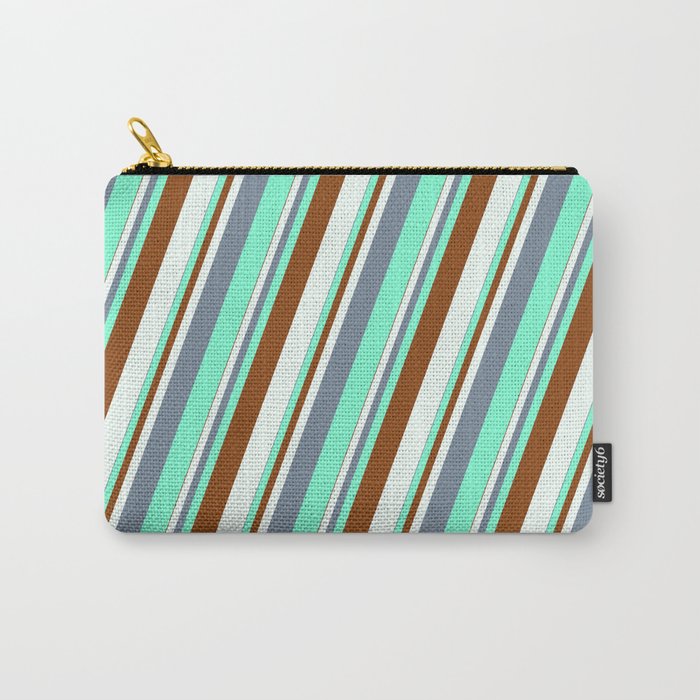 Light Slate Gray, Aquamarine, Brown & Mint Cream Colored Stripes/Lines Pattern Carry-All Pouch