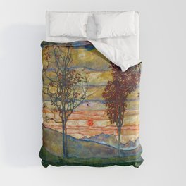 Four Trees with Red Leaves at Sunrise landscape painting by Egon Schiele Duvet Cover