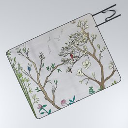 Chinoiserie Panels 1-2 Silver Gray Raw Silk - Casart Scenoiserie Collection Picnic Blanket