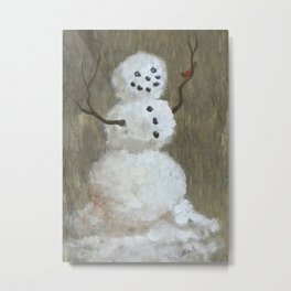 Rustic Snowman And Little Red Bird, A Warm Friendship, Small Crop Metal Print
