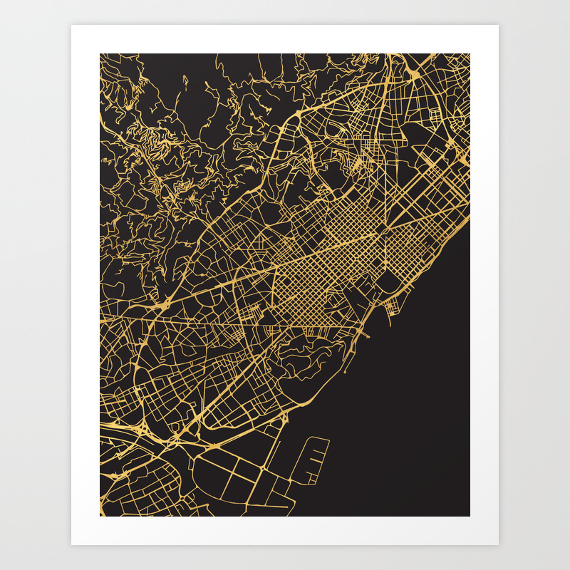 Barcelona Spain Gold On Black City Map Art Print By Deificusart Society6
