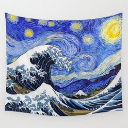 Hokusai,“The Great Wave off Kanagawa” + van Gogh,“Starry night” Wall Tapestry