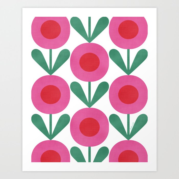 Bright Pink Retro Scandinavian Flowers Art Print