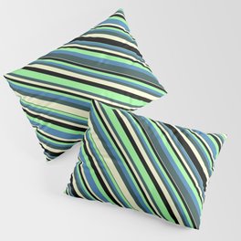 [ Thumbnail: Colorful Green, Blue, Dark Slate Gray, Light Yellow, and Black Colored Stripes/Lines Pattern Pillow Sham ]