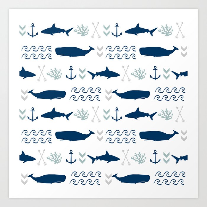 nautical whales sharks and anchors in navy grey white kids nursery boys girls decor Art Print