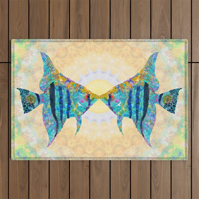 Colorful Angel Fish Kissing Art Outdoor Rug