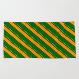 [ Thumbnail: Dark Orange & Dark Green Colored Lines Pattern Beach Towel ]
