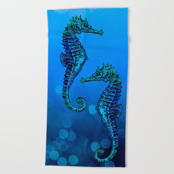 Sea Horse Couple In Deep Blue Water Beach Towel