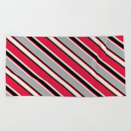 [ Thumbnail: Crimson, Beige, Dark Grey, and Black Colored Lined/Striped Pattern Beach Towel ]