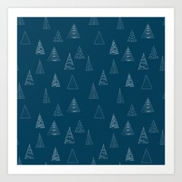 Deep Blue Christmas Tree Pattern Art Print