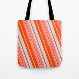[ Thumbnail: Red, Light Grey & Salmon Colored Striped/Lined Pattern Tote Bag ]