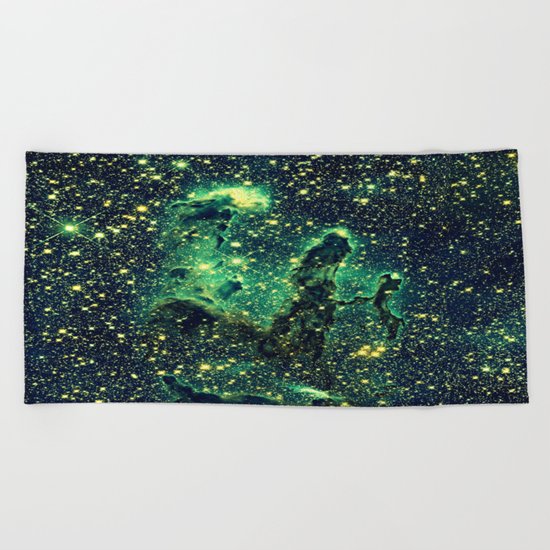 Galaxy NEBULa : Pillars of Creation Green Beach Towel