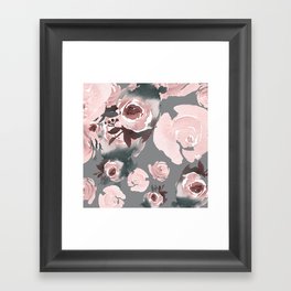 Pink Roses Grey Floral Framed Art Print