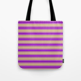 [ Thumbnail: Tan and Dark Violet Colored Lined/Striped Pattern Tote Bag ]