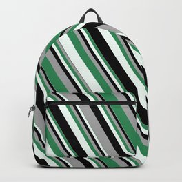 [ Thumbnail: Dark Gray, Sea Green, Mint Cream, and Black Colored Stripes/Lines Pattern Backpack ]