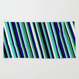 [ Thumbnail: Eyecatching Sea Green, Turquoise, Light Yellow, Dark Blue, and Black Colored Stripes/Lines Pattern Beach Towel ]