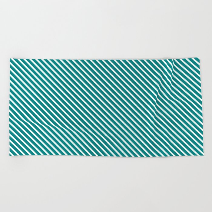 Mint Cream and Teal Colored Lines/Stripes Pattern Beach Towel