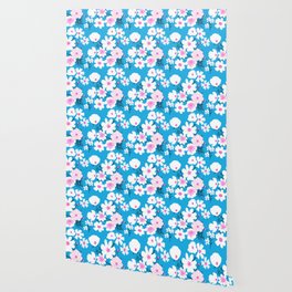 Retro Modern Spring Flowers Turquoise and Pink Wallpaper