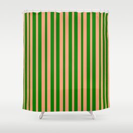 [ Thumbnail: Light Salmon and Green Colored Lined Pattern Shower Curtain ]