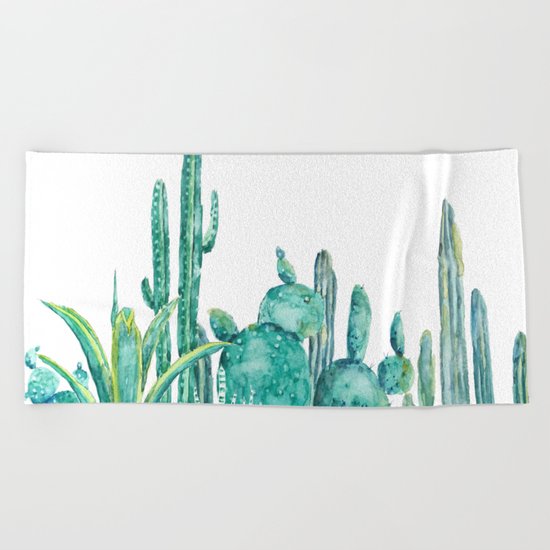 green cactus jungle watercolor Beach Towel