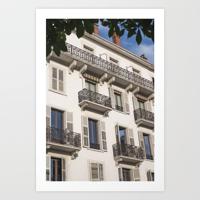 Paris balcony in the summer art print - blue sky french street and travel photography Art Print