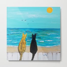 Seaside Cats Metal Print | Tabbycat, Straycats, Alleycats, Oceanpainting, Ady, Beachpainting, Catlover, Painting, Beachcats, Catsonfence 