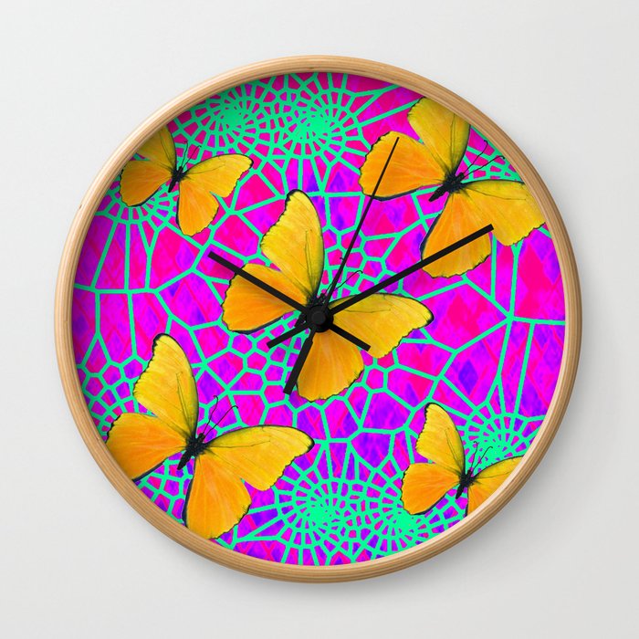 Golden Butterflies Neon Green Web Fuchsia Art Wall Clock