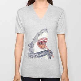 Shark brushing teeth bath watercolor V Neck T Shirt