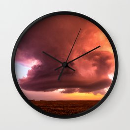 A Storm with No Rain - Supercell Thunderstorm Hovers Over Field at Sunset on Spring Evening in Kansas Wall Clock