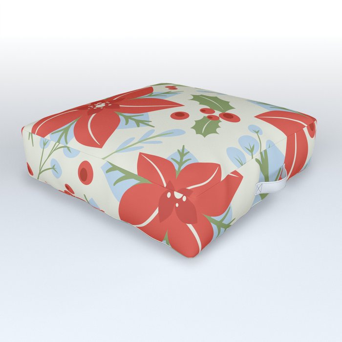 Holiday Poinsettia Mistletoe and Holly Berries Christmas Pattern in Red Green Blue Gray Outdoor Floor Cushion