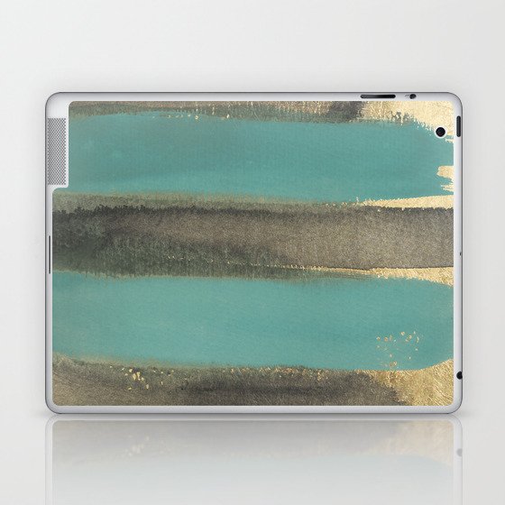 Abstract teal black gold watercolor brush strokes Laptop & iPad Skin