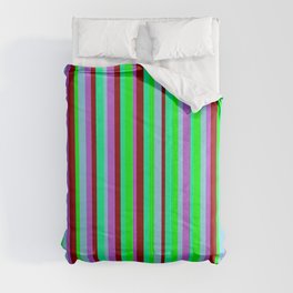 [ Thumbnail: Eye-catching Orchid, Sky Blue, Lime, Green & Dark Red Colored Lined Pattern Comforter ]