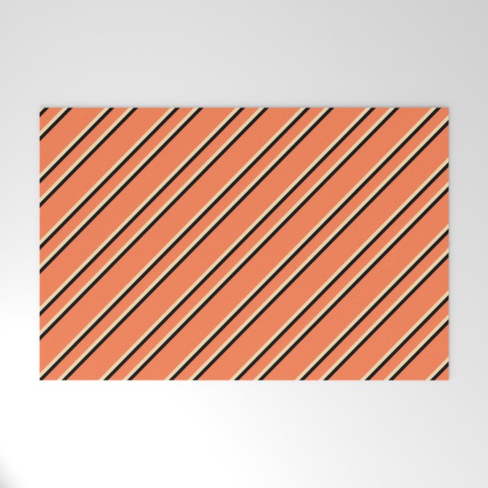 Coral, Beige & Black Colored Lines Pattern Welcome Mat