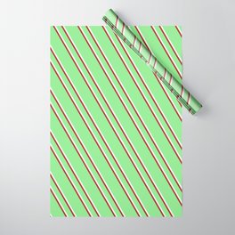 [ Thumbnail: Light Green, Mint Cream & Red Colored Striped Pattern Wrapping Paper ]
