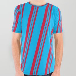 [ Thumbnail: Deep Sky Blue and Crimson Colored Lines/Stripes Pattern All Over Graphic Tee ]