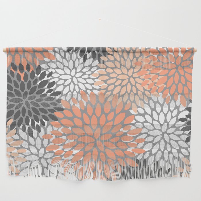 Floral Pattern, Coral, Gray, White Wall Hanging