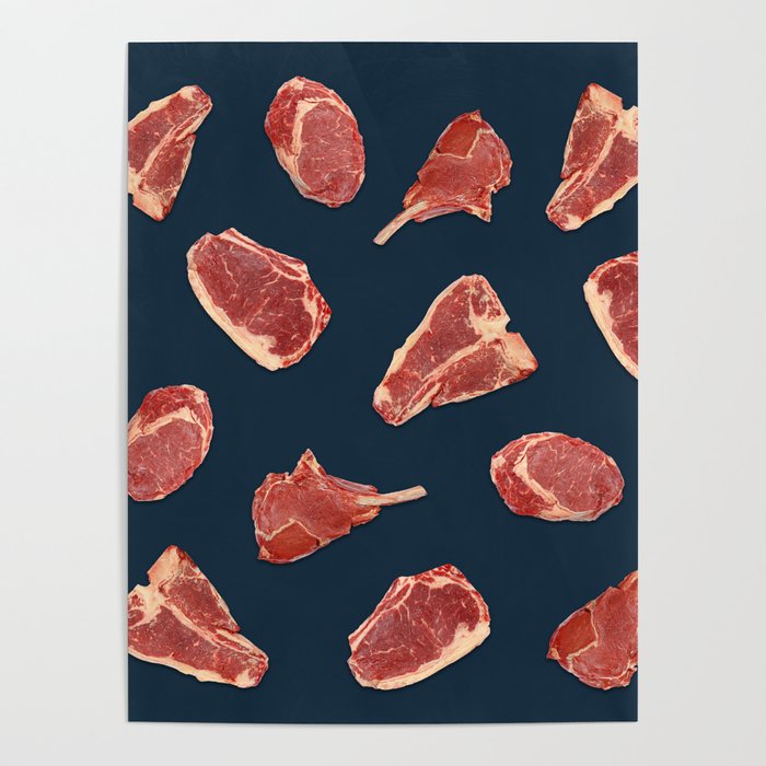 Pattern of fresh beef steaks over blue Poster