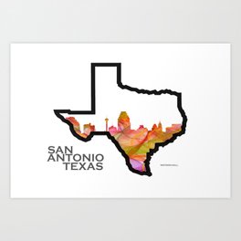 Texas State Map with San Antonio Skyline Art Print