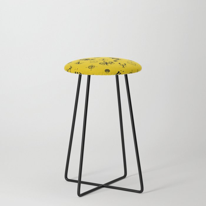 Yellow And Black Silhouettes Of Vintage Nautical Pattern Counter Stool
